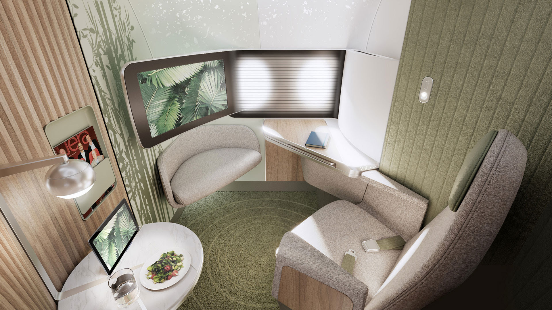 Imagen digital de cómo se vería una cabina diseñada con el concepto Elevate, diseñado para brindar mayor privacidad en asientos premium de aviones de pasillo único