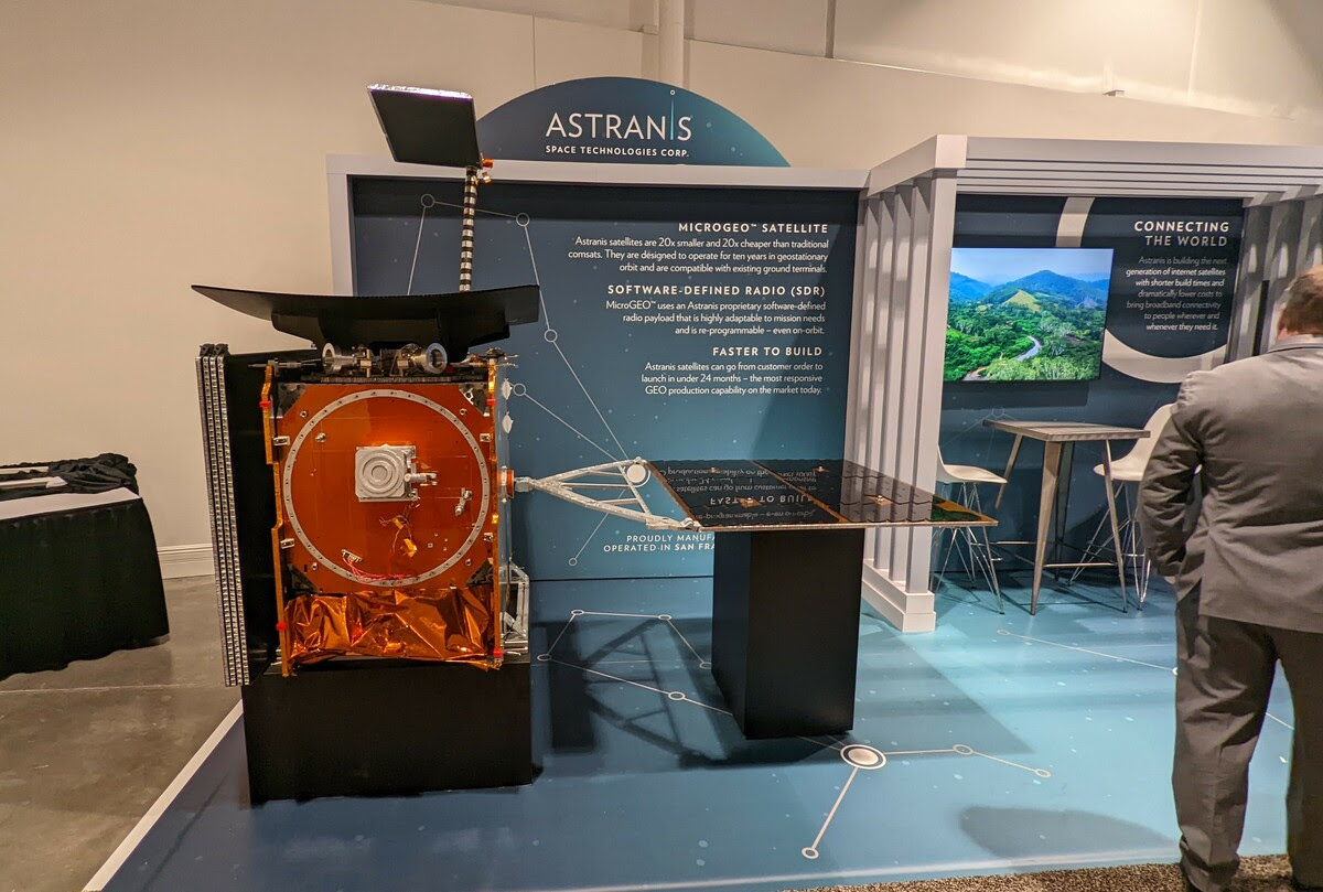 Picture from Space Symposium showroom floor showing Astranis MicroGEO satellite