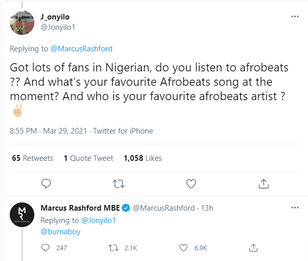  Manchester United striker, Marcus Rashford says Burna Boy is his favourite Afrobeat singer?