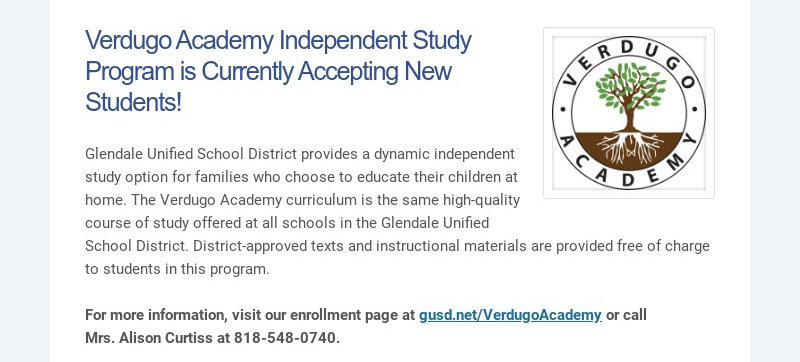 Le programme d'études indépendantes de la Verdugo Academy accepte actuellement de nouveaux étudiants ! Glendale Unifié...