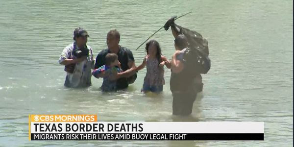 A TV screenshot reads: ''Texas Border Deaths: Migrants risk their lives amid buoy legal fight.''