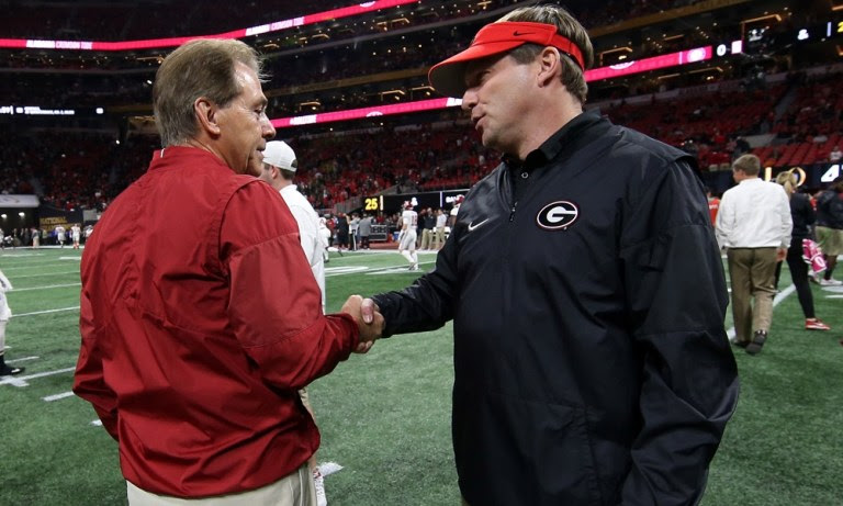 Kirby Smart and nick Saban shake hands before Alabama vs Georgia game