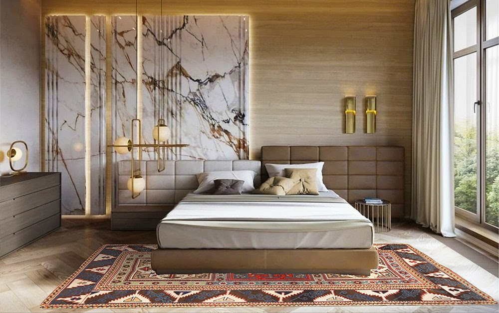 Modern Bedroom Interior Design Antique Caucasian Kazak Rug by Nazmiyal Antique Rugs