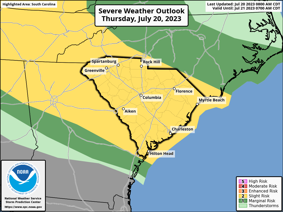 The Storm Prediction Center's Severe Weather Outlook graphic for today and tonight with South Carolina in focus.