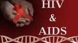HIV & AIDS with hand holding a red ribbon and DNA
