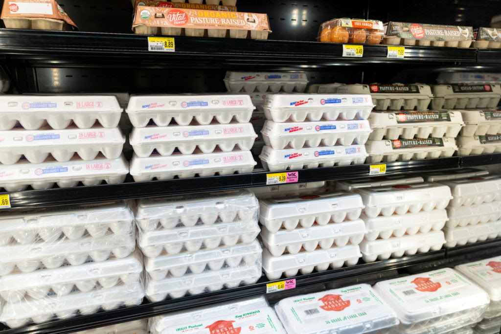 Stacks of egg cartons at a grocery store in College Station, Texas showing the rise in egg prices due to avian influenza.