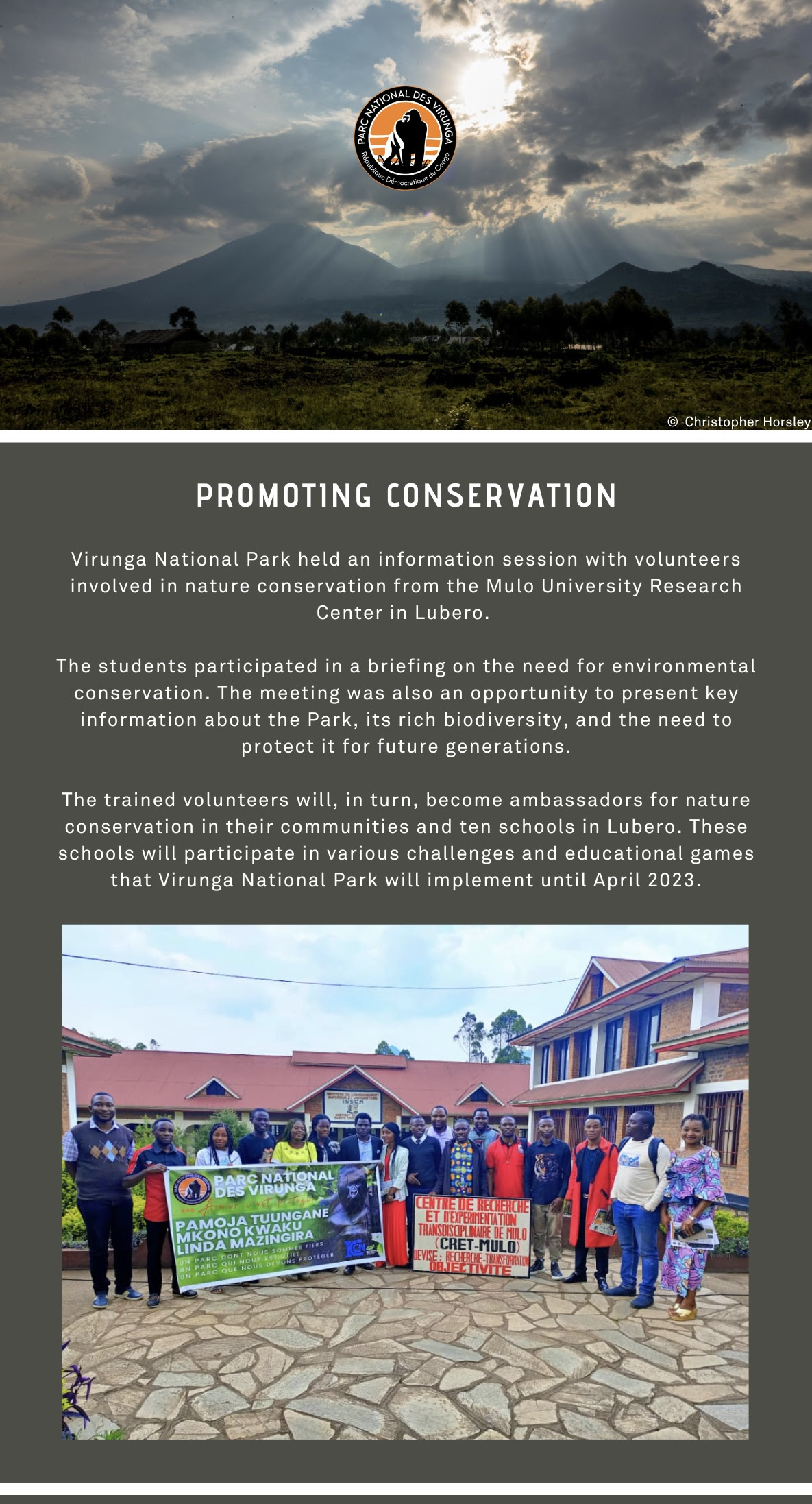Virunga National Park held an information session with volunteers involved in nature conservation from the Mulo University Research Center in Lubero.   The students participated in a briefing on the need for environmental conservation. The meeting was also an opportunity to present key information about the Park, its rich biodiversity, and the need to protect it for future generations.