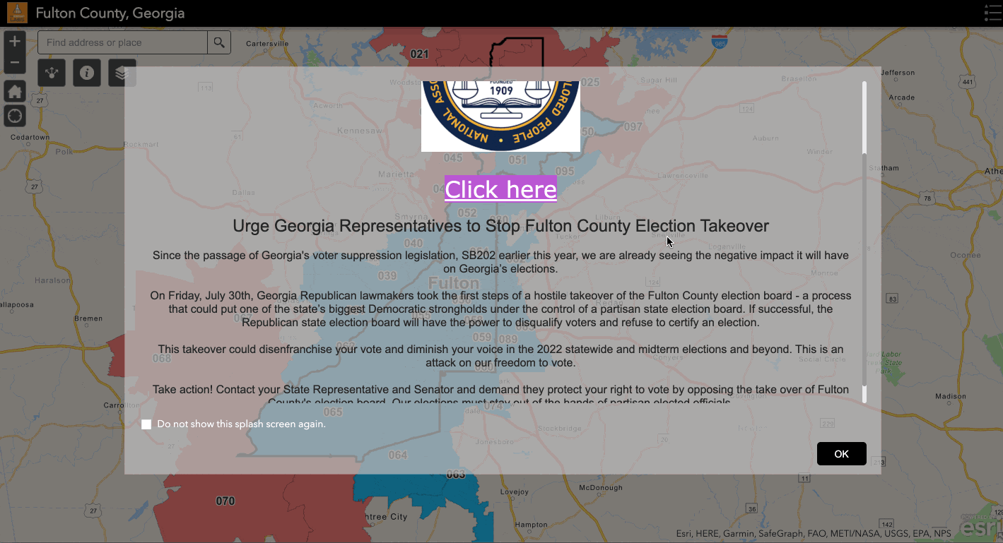 NAACP Atlanta app shows the Georgia state house and senate districts as well as the current legislator.