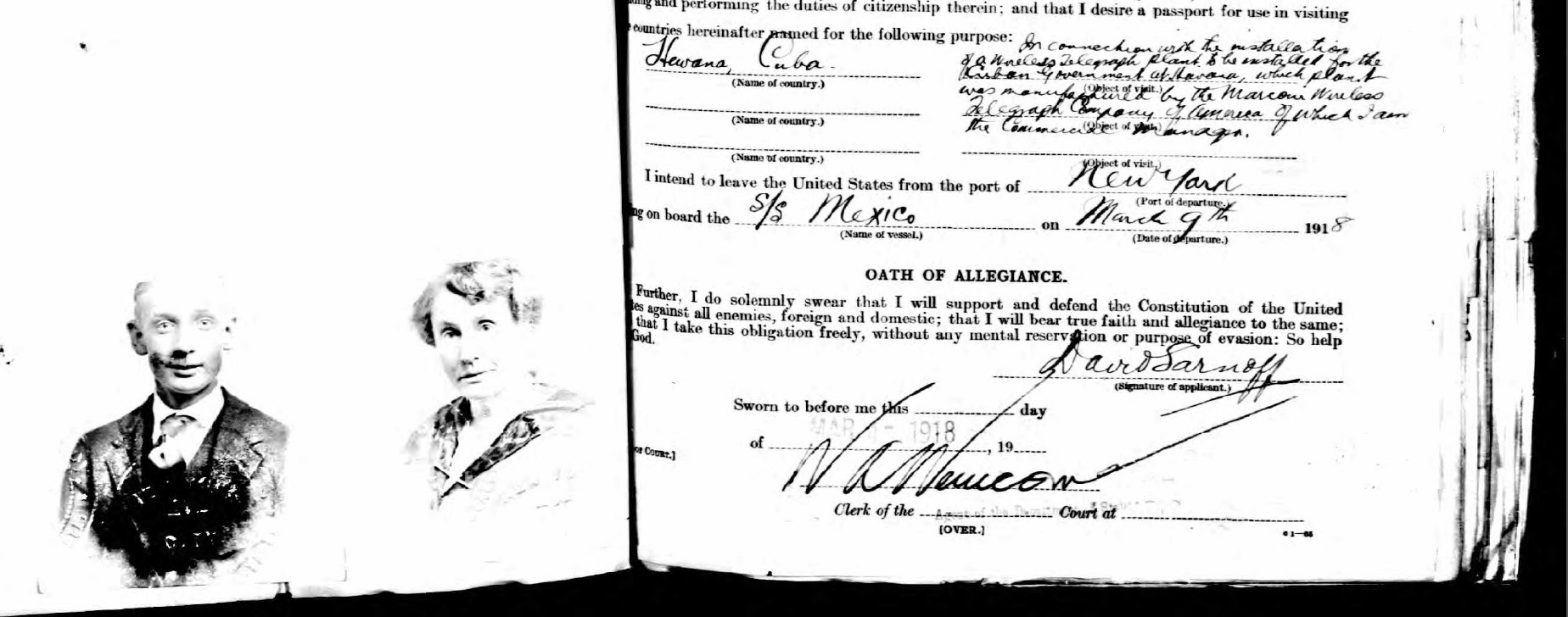 David Sarnoff. (Mar. 09, 1918). Visa Application for Naturalized Citizens, to Cuba 