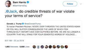 Sam Harris tries to get Trump’s Twitter account banned over Iran tweet