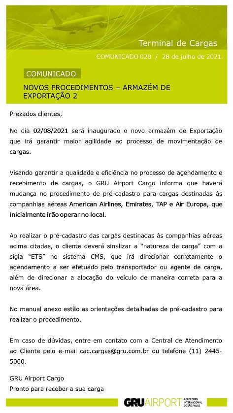 COMUNICADO GRU AIRPORT - Novos Procedimentos Armaz