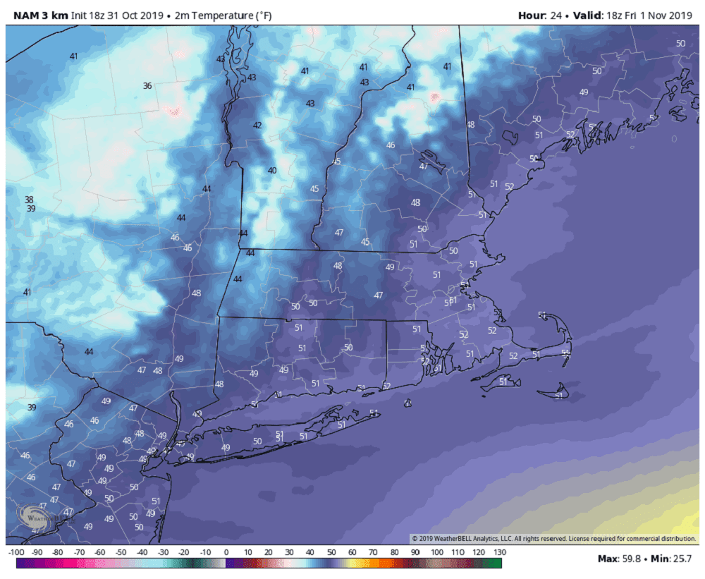Temperatures this afternoon will be much colder than the past few days. (Courtesy WeatherBell)