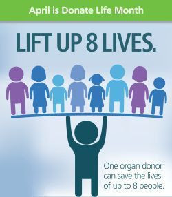 April is Donate Life Month. One organ donor can save the lives of up to 8 people. clipart of one person holding up 8 others.
