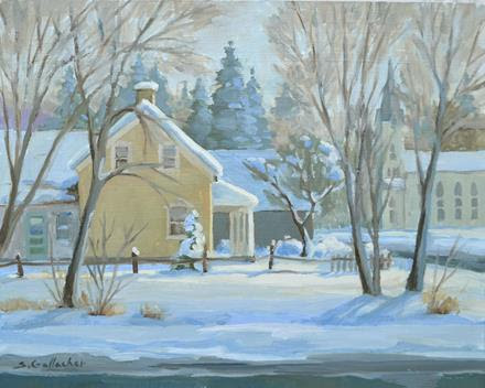 Painting of neighborhood winter scene by Susan Gallacher
