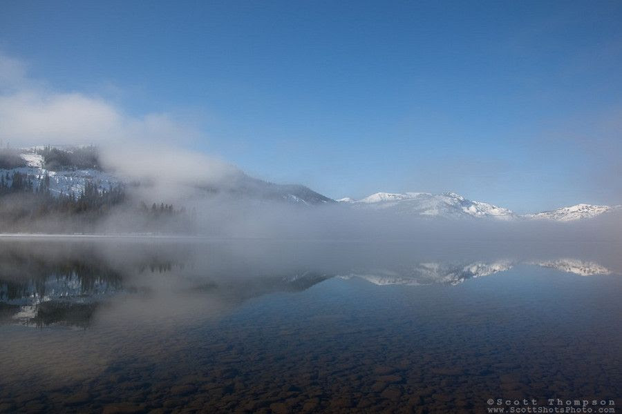 "Donner Lake Morning 3" These foggy lake and snow covered mountains