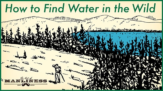 man in woods looking for water illustration
