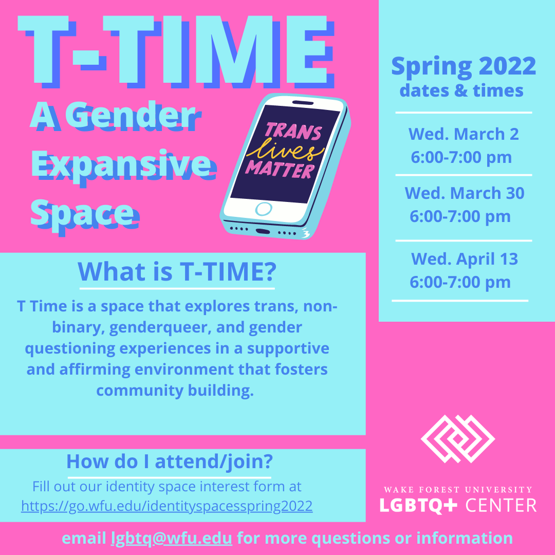 pink and blue poster for T-Time, including a phone that reads "Trans lives matter".