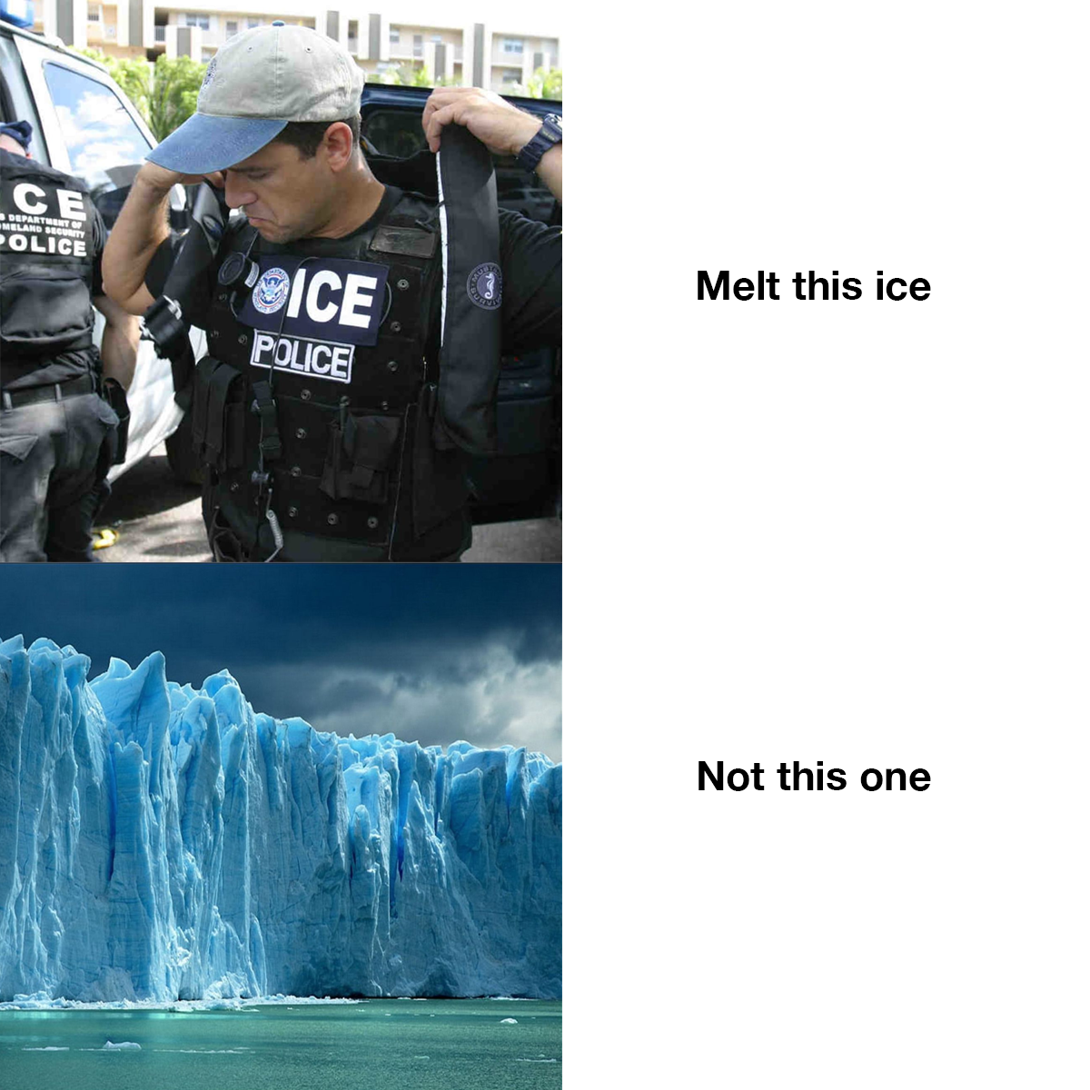 picture with an ICE agent with the words "melt this ice" and an image of a glacier with the words "not this one" written