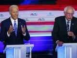 In this June 27, 2019, file photo, Democratic presidential candidates, former Vice President Joe Biden and Sen. Bernie Sanders, I-Vt., speak at the same time during the Democratic primary debate hosted by NBC News at the Adrienne Arsht Center for the Performing Arts in Miami. What might be the final showdown between the two very different Democratic candidates takes place Tuesday, March 17, 2020, during Florida&#39;s presidential primary. (AP Photo/Wilfredo Lee, File) **FILE**