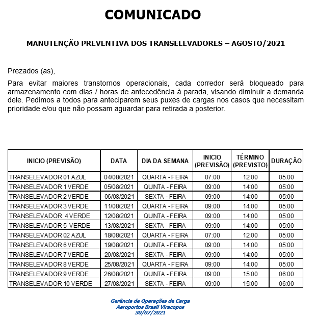 Comunicado Manutenção Preventiva