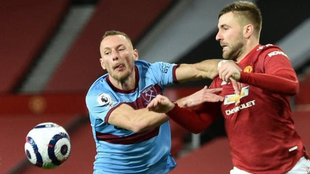 Luke Shaw (right) in action for Manchester United against West Ham in the Premier League in 2020-21