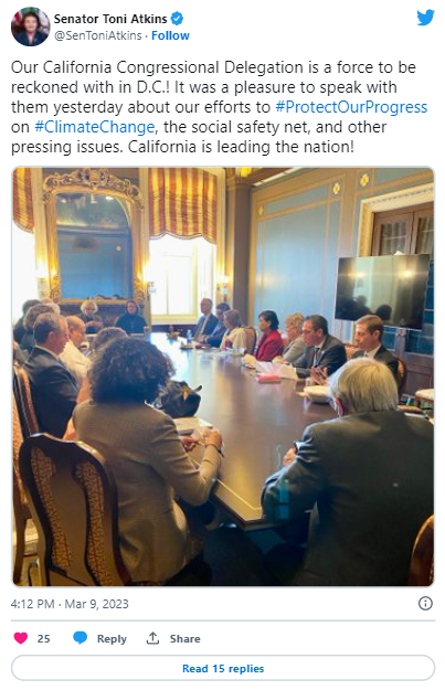 Tweet from Toni Atkins showcasing the California congressional delegation meeting in Washington D.C.