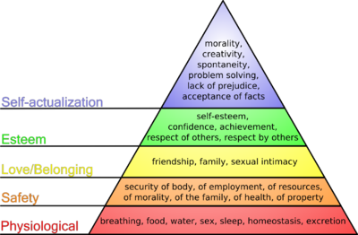 This diagram shows Maslow's hierarchy of needs, represented as a pyramid with the more primitive needs at the bottom.