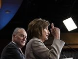 House Speaker Nancy Pelosi of Calif., right, joined by Senate Minority Leader Chuck Schumer of N.Y., speaks during a news conference, on Capitol Hill, Tuesday, Feb.11, 2020, in Washington. (AP Photo/Alex Brandon) **FILE**