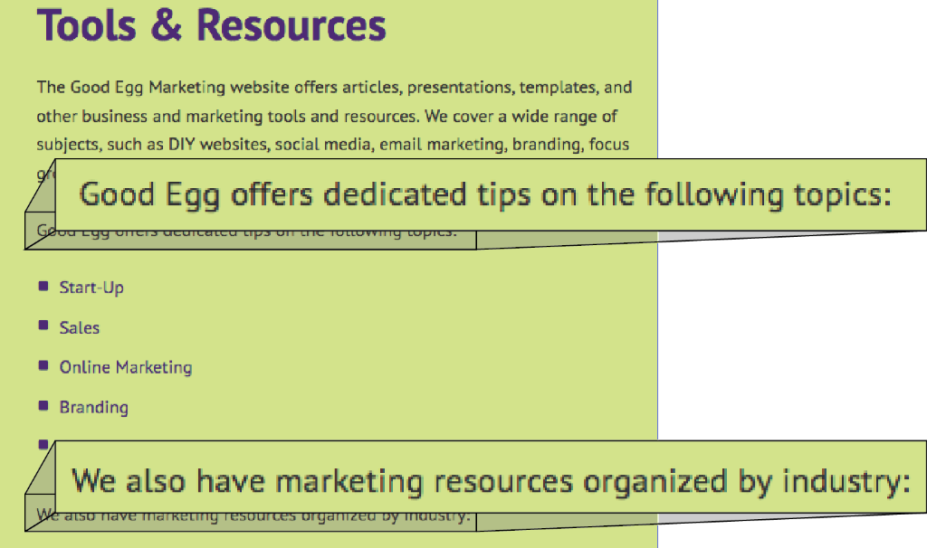 Tools and Resources page from Good Egg Marketing Website