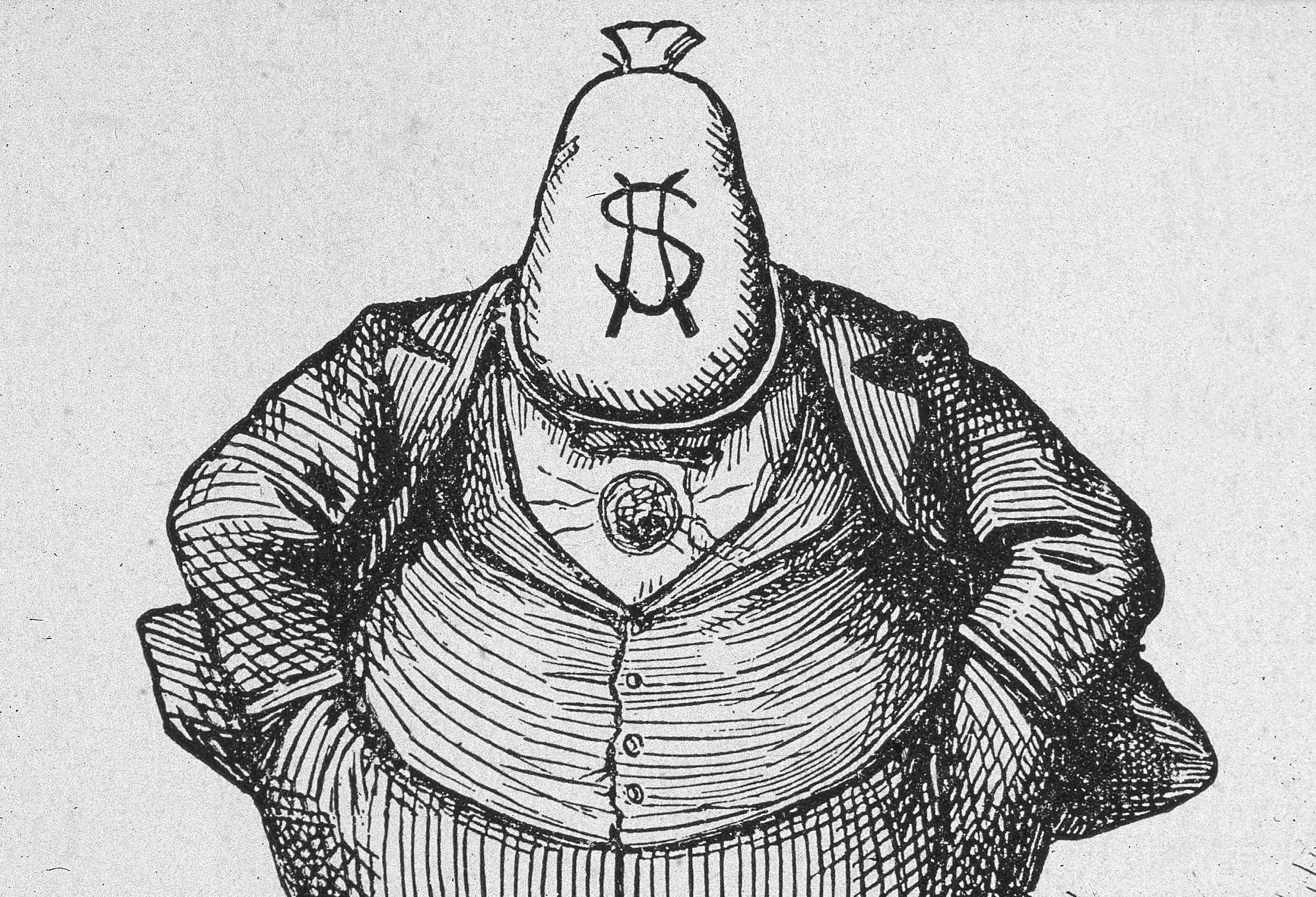 Cartoon of a man with large moneybag for a head