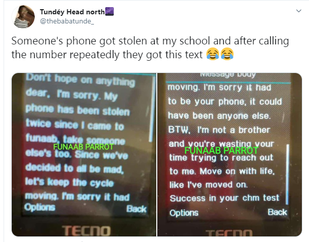 See message a FUNAAB student received after her phone got stolen