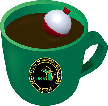 graphic of coffee cup with DNR logo with fishing bobber floating in it