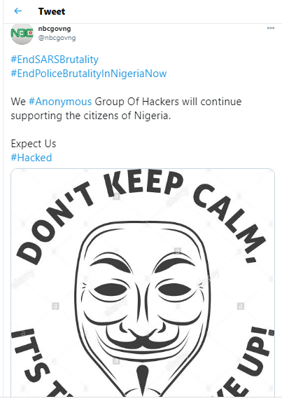"Hacktivist" group, Anonymous hacks National Broadcasting Commission?s Twitter account in support of #EndSARS campaign