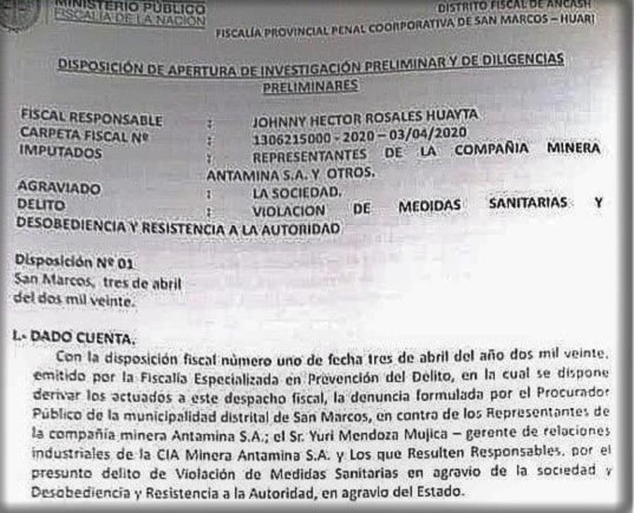 Documento de Fiscalía sobre investigación a Antamina