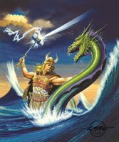 A norseman fights off a sea dragon.