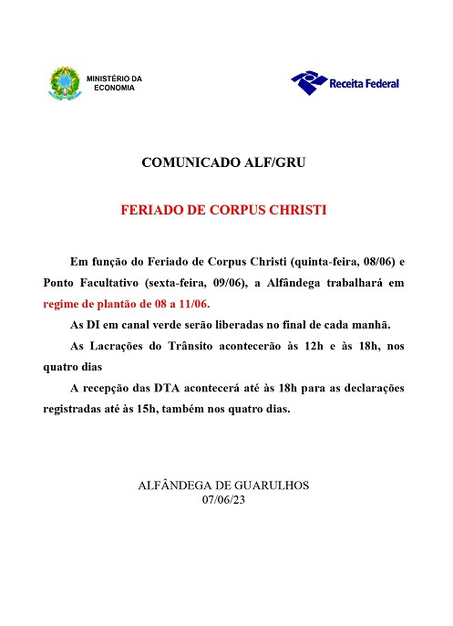 COMUNICADO ALF GRU - CORPUS CHRISTI