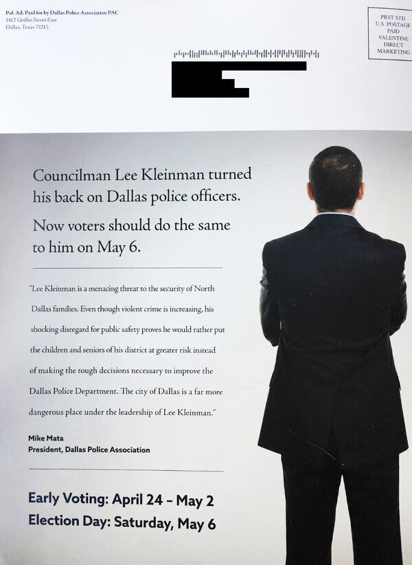 The
president of the Dallas police union sent a campaign
mailer targeting a local councilman.