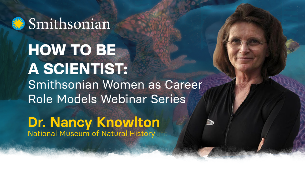 A youtube banner featuring Dr. Nancy Knowlton in the foreground and a coral reef illustration in the background