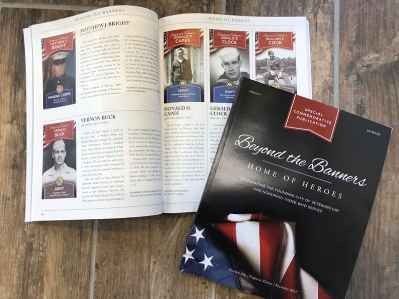 Just a reminder as Veterans Day nears - u can still purchase a 2017 edition of the Beyond the Banners at Twin Rivers Wine and Gourmet Shoppe and Emporia Main Street for $10. Proceeds go directly to local Veterans initiatives!