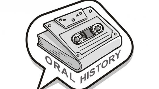 Cassette tape cover in the shape of a book with the words "oral history" below it