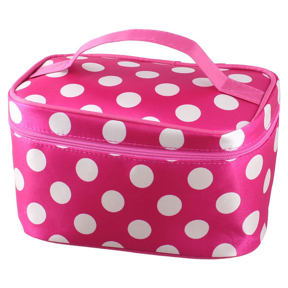 TEXU New Zipper Closure White Dots Pattern Pink Cosmetic makeup bag