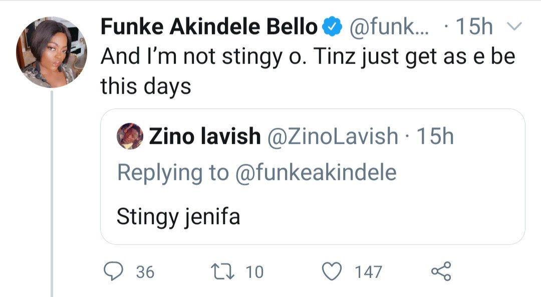 Funke Akindele responds after fan called her stingy for not doing giveaway