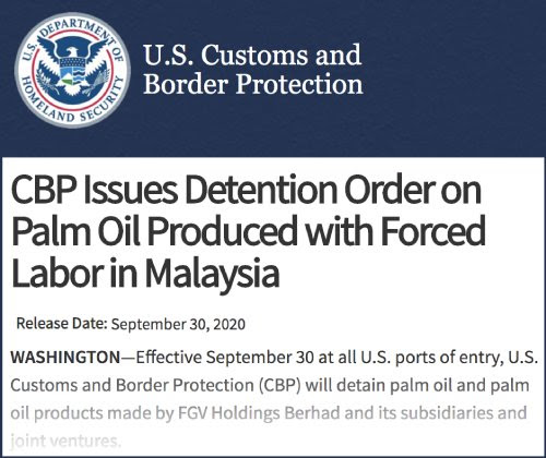 Excerpt from the U.S. Customs and Border Protection’s press release announcing its decision on FGV’s palm oil forced labour case.