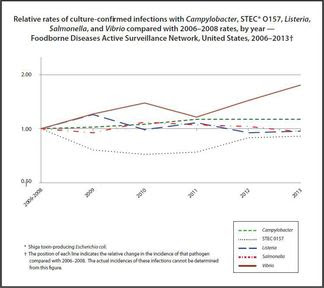Relative rates of culture-confirmed infections from five pathogens compared with 2006-2008 rates.