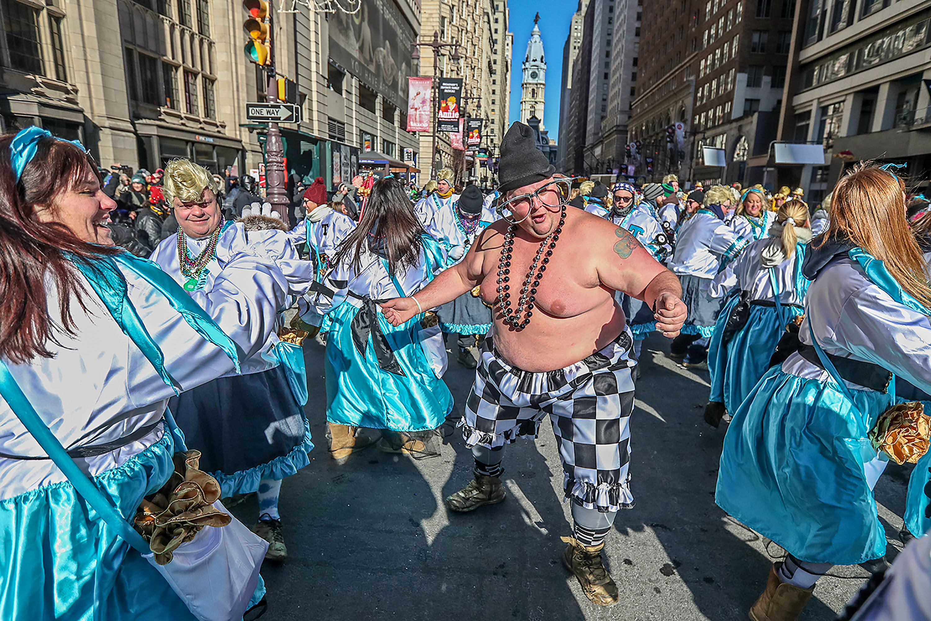 Jerry Murphy, of the Two Street Strutters in the Comic Division, decided to strut down Broad Street shirtless during an unusually cold Mummers Parade, on Jan. 1, 2018.