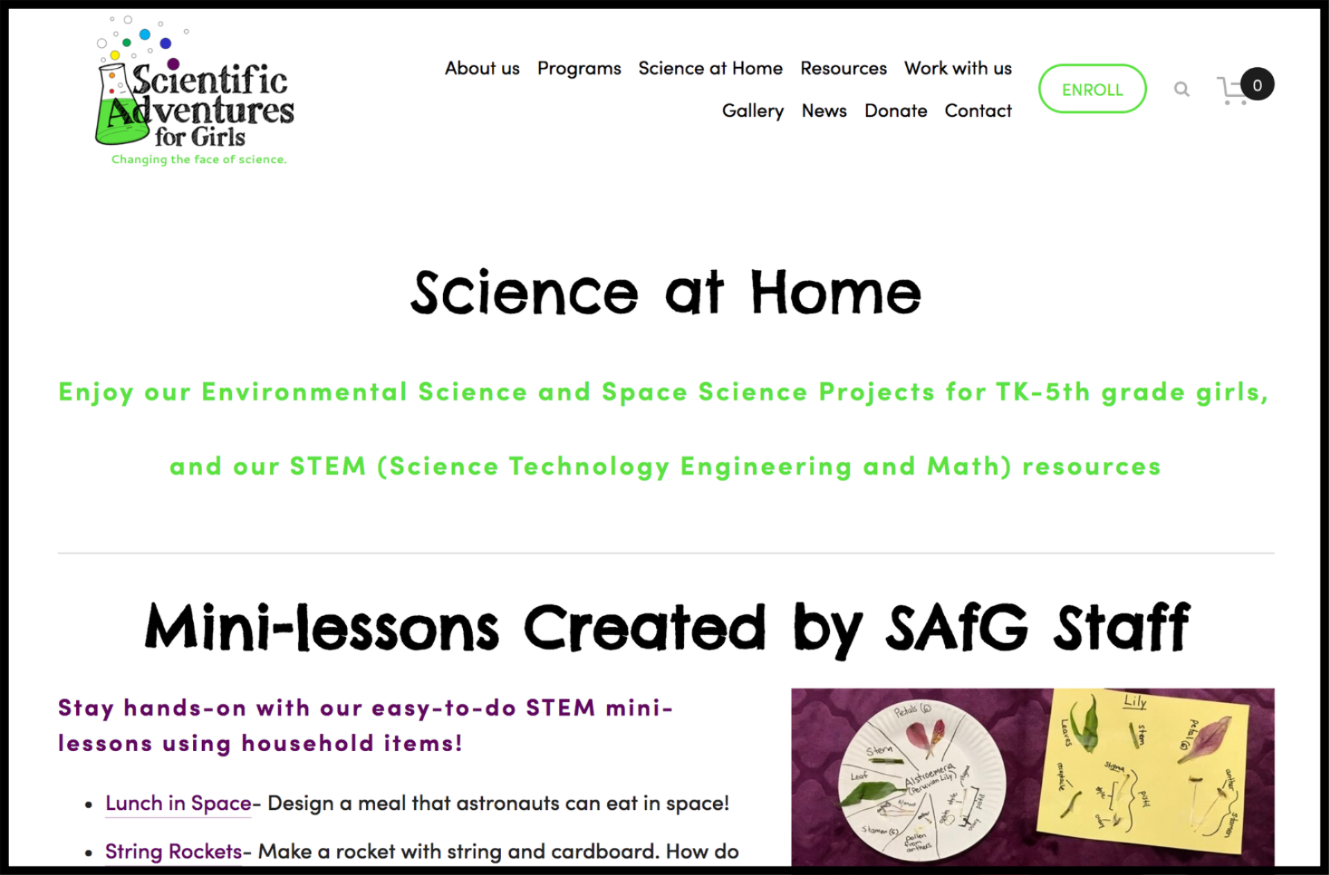 Scientific Adventures for Girls STEM at Home web page