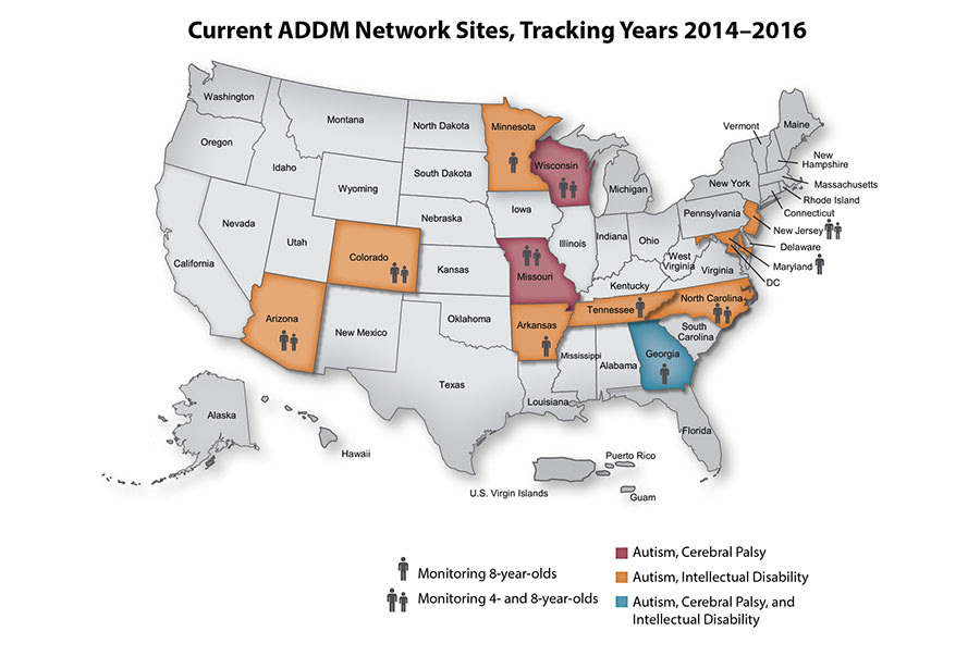 Map showing Current ADDM Network Tracking Years 2014-2016 sites: Arizona (Autism, Intellectual Disability; Monitoring 4 and 8 year olds), Arkansas (Autism, Intellectual Disability; Monitoring 8 year olds), Colorado (Autism, Intellectual Disability; Monitoring 4 and 8 year olds), Georgia (Autism, Cerebral Palsy, Intellectual Disability; Monitoring 8 year olds), Maryland (Autism, Intellectual Disability; Monitoring 8 year olds), Minnesota (Autism, Intellectual Disability; Monitoring 8 year olds), Missouri (Autism, Cerebral Palsy; Monitoring 4 and 8 year olds), New Jersey (Autism, Intellectual Disability; Monitoring 4 and 8 year olds), North Carolina (Autism, Intellectual Disability; Monitoring 4 and 8 year olds), Tennessee (Autism, Intellectual Disability; Monitoring 8 year olds), Wisconsin (Autism, Cerebral Palsy; Monitoring 8 year olds).