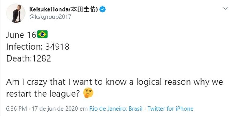 Reprodução / Twitter Jogador Honda, do Botafogo, se manifesta no Twitter contra a volta do futebol