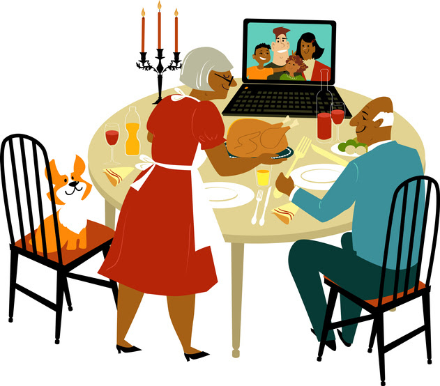 ilustracion de una familia celebrando el dia de accion de gracias de manera remota