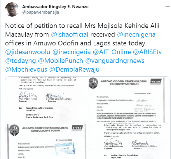 Field officers begin door-to-door campaign to gather enough signatures to officially commence recall of Mojisola Alli-Macaulay from Lagos House of Assembly